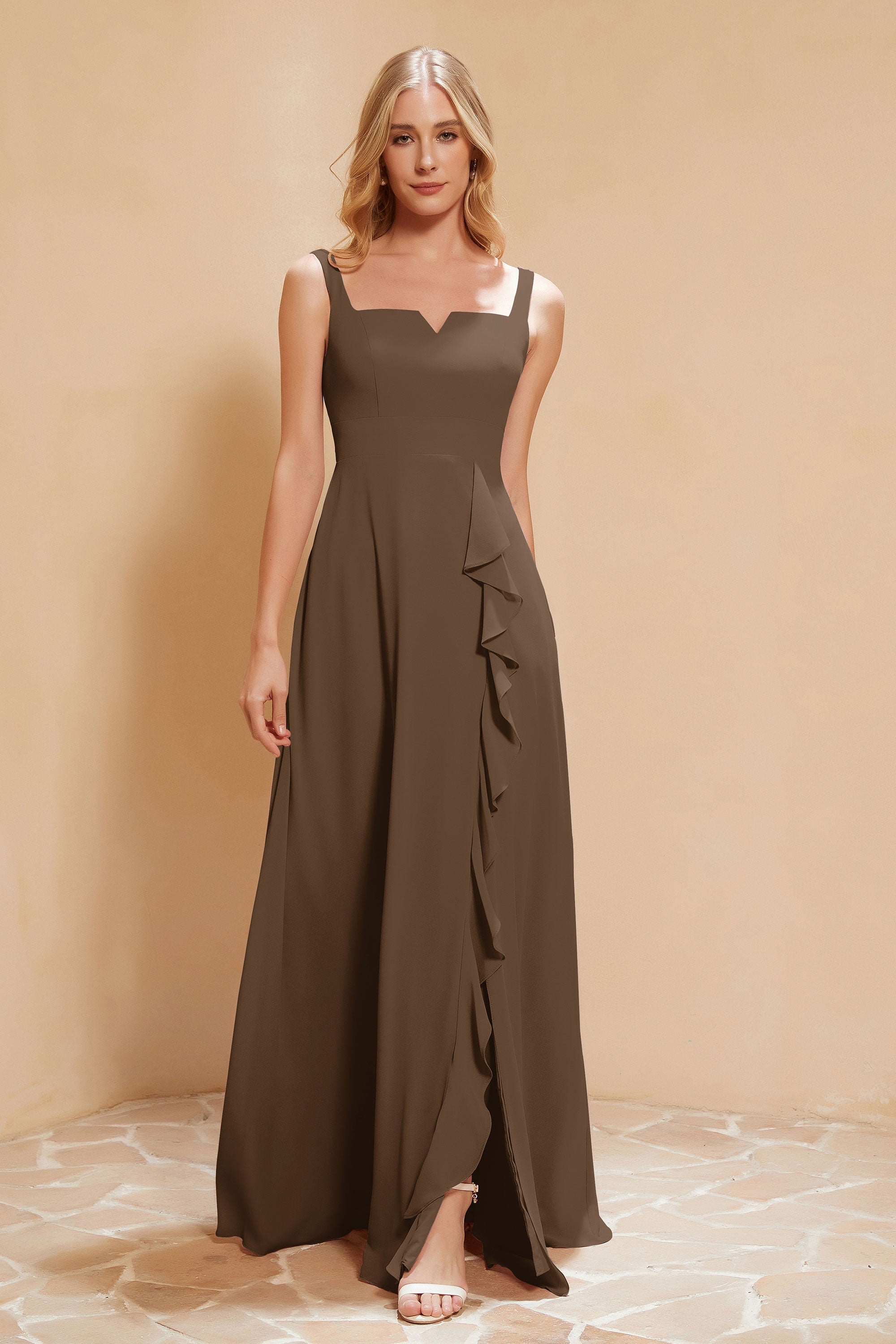 Square Chiffon Sleeveless Bridesmaid Dress Long Formal Evening Dresses with Slit