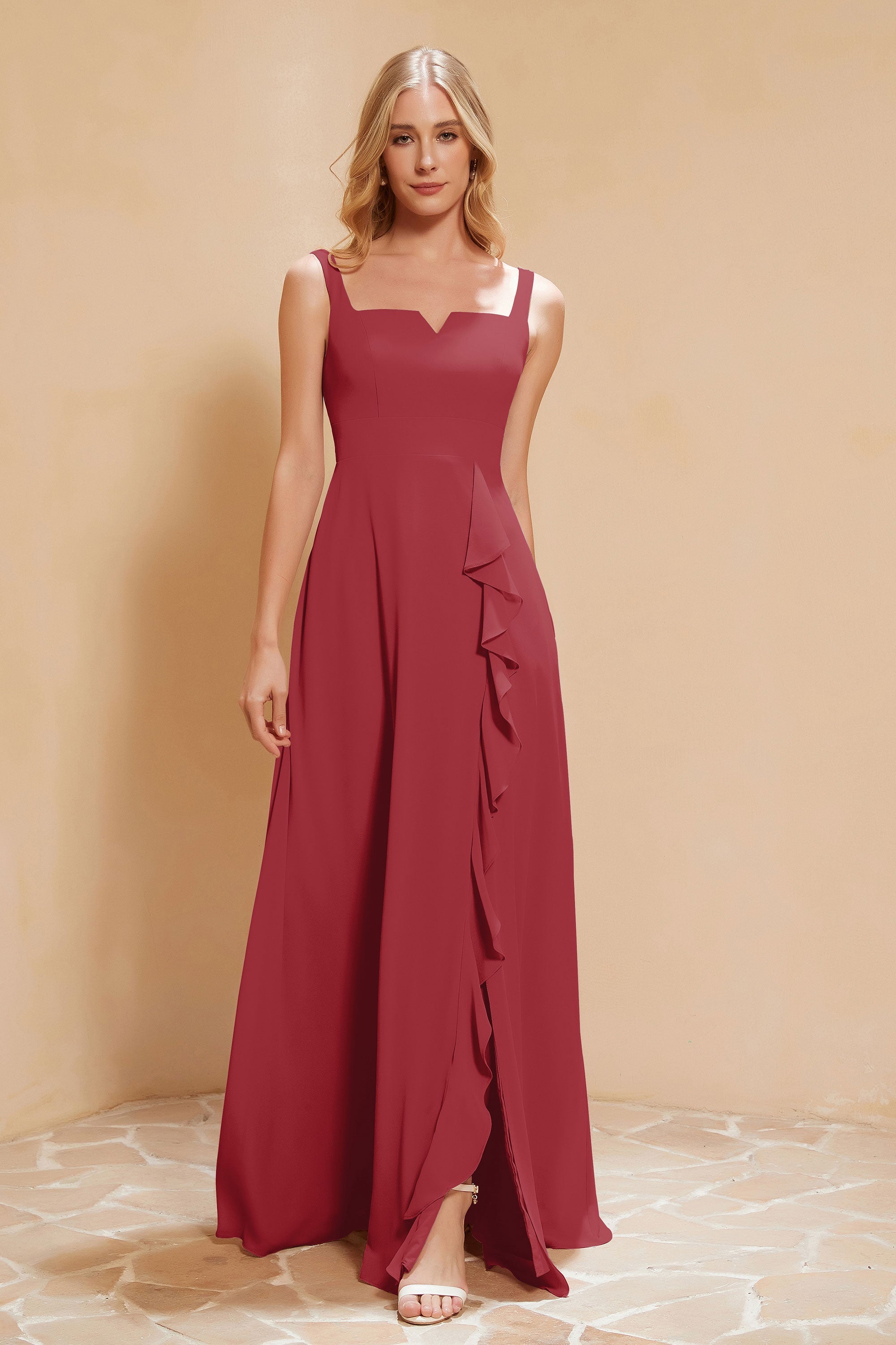Square Chiffon Sleeveless Bridesmaid Dress Long Formal Evening Dresses with Slit
