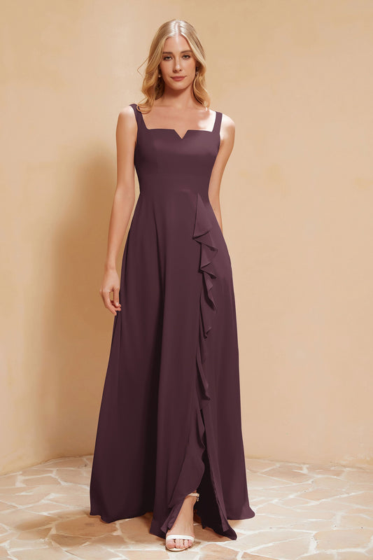 Square Chiffon Sleeveless Bridesmaid Dress Long Formal Evening Dresses with Slit