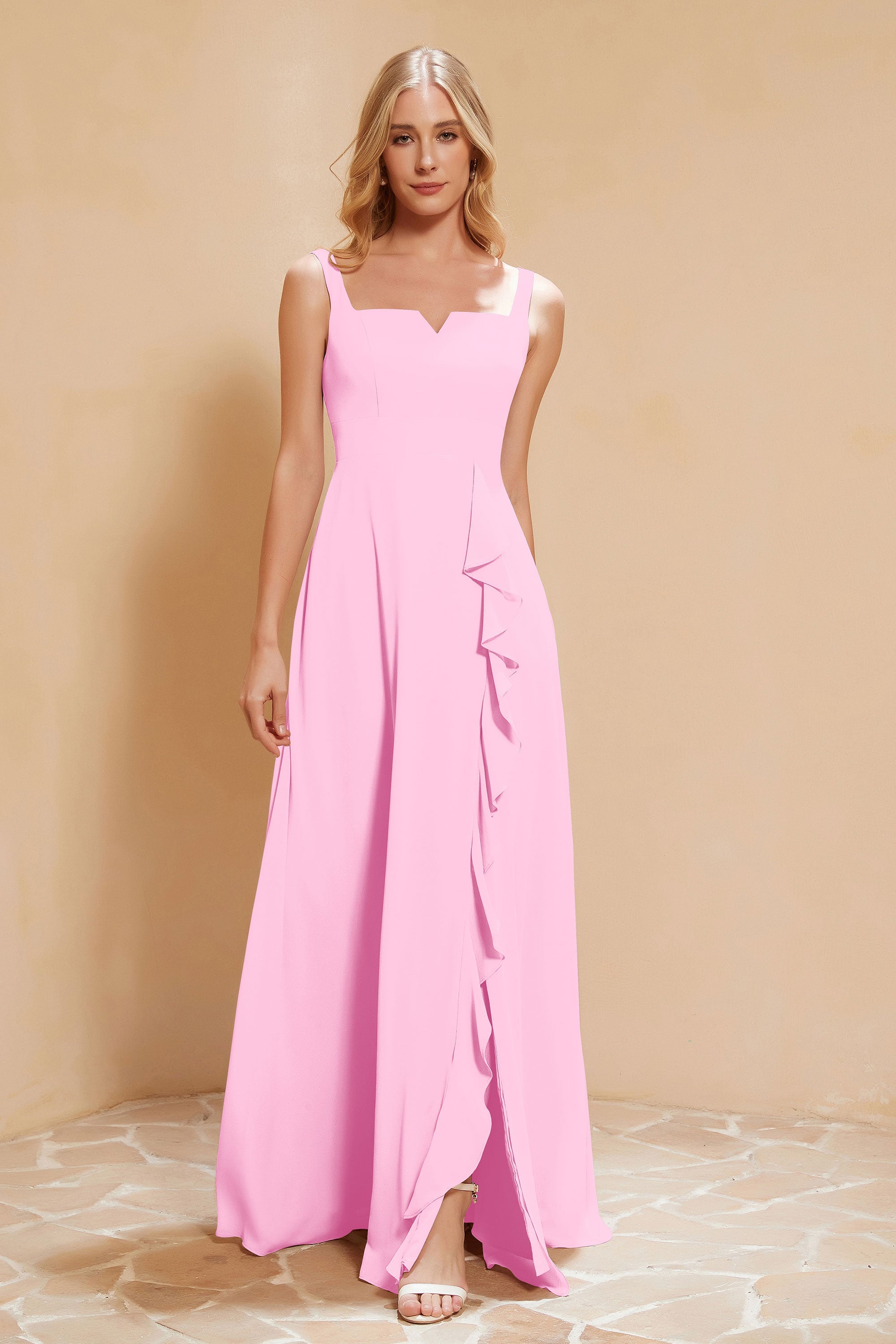 Square Chiffon Sleeveless Bridesmaid Dress Long Formal Evening Dresses with Slit
