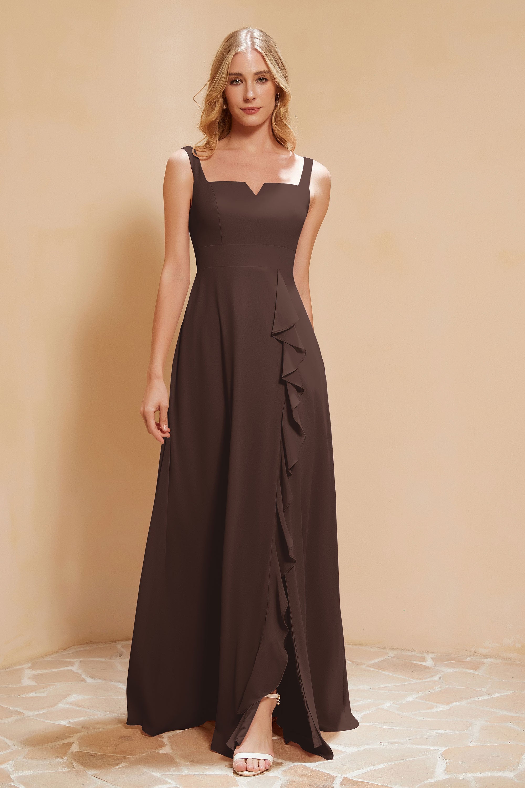 Square Chiffon Sleeveless Bridesmaid Dress Long Formal Evening Dresses with Slit