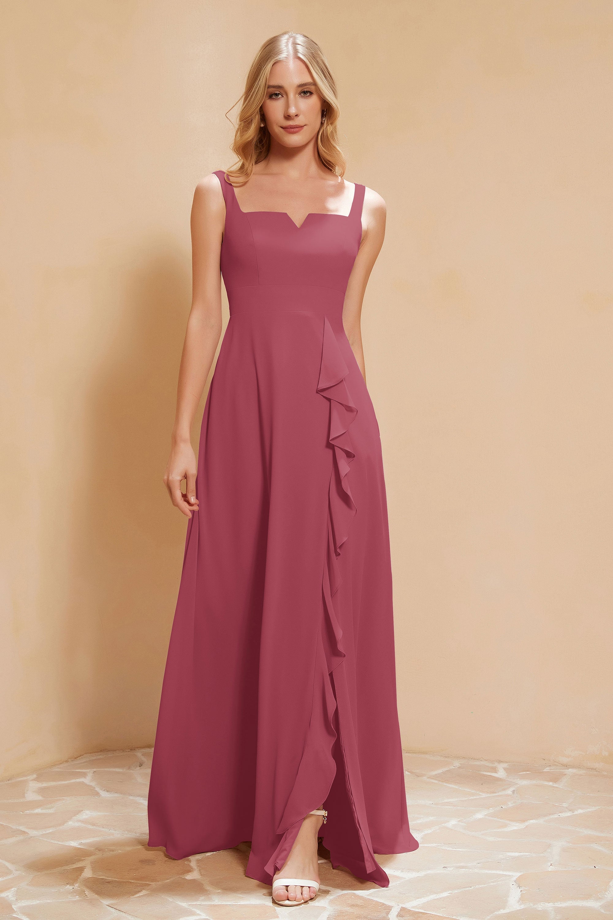 Square Chiffon Sleeveless Bridesmaid Dress Long Formal Evening Dresses with Slit