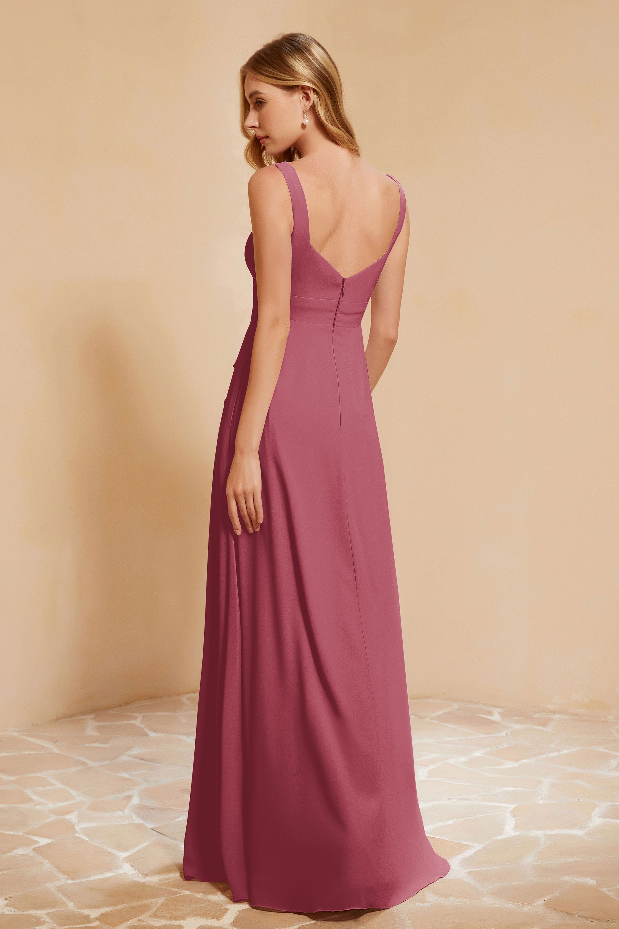 Square Chiffon Sleeveless Bridesmaid Dress Long Formal Evening Dresses with Slit