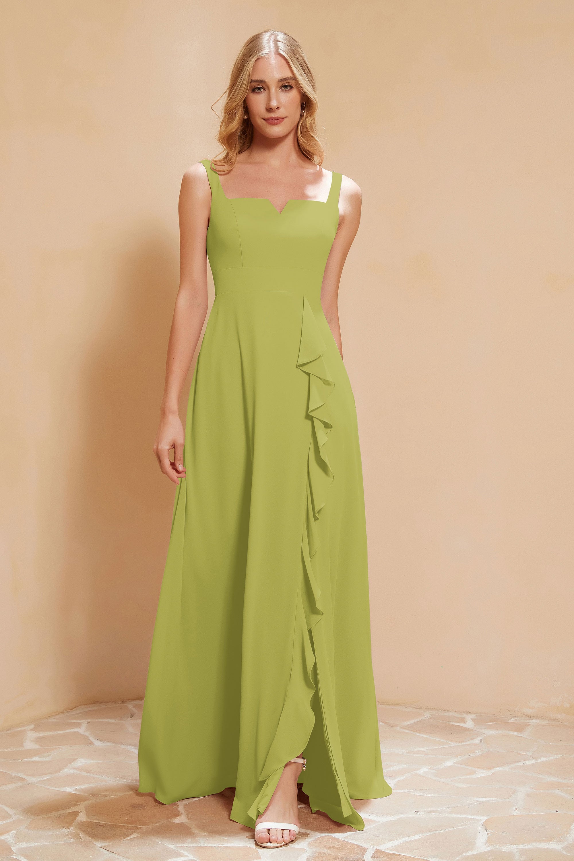 Square Chiffon Sleeveless Bridesmaid Dress Long Formal Evening Dresses with Slit
