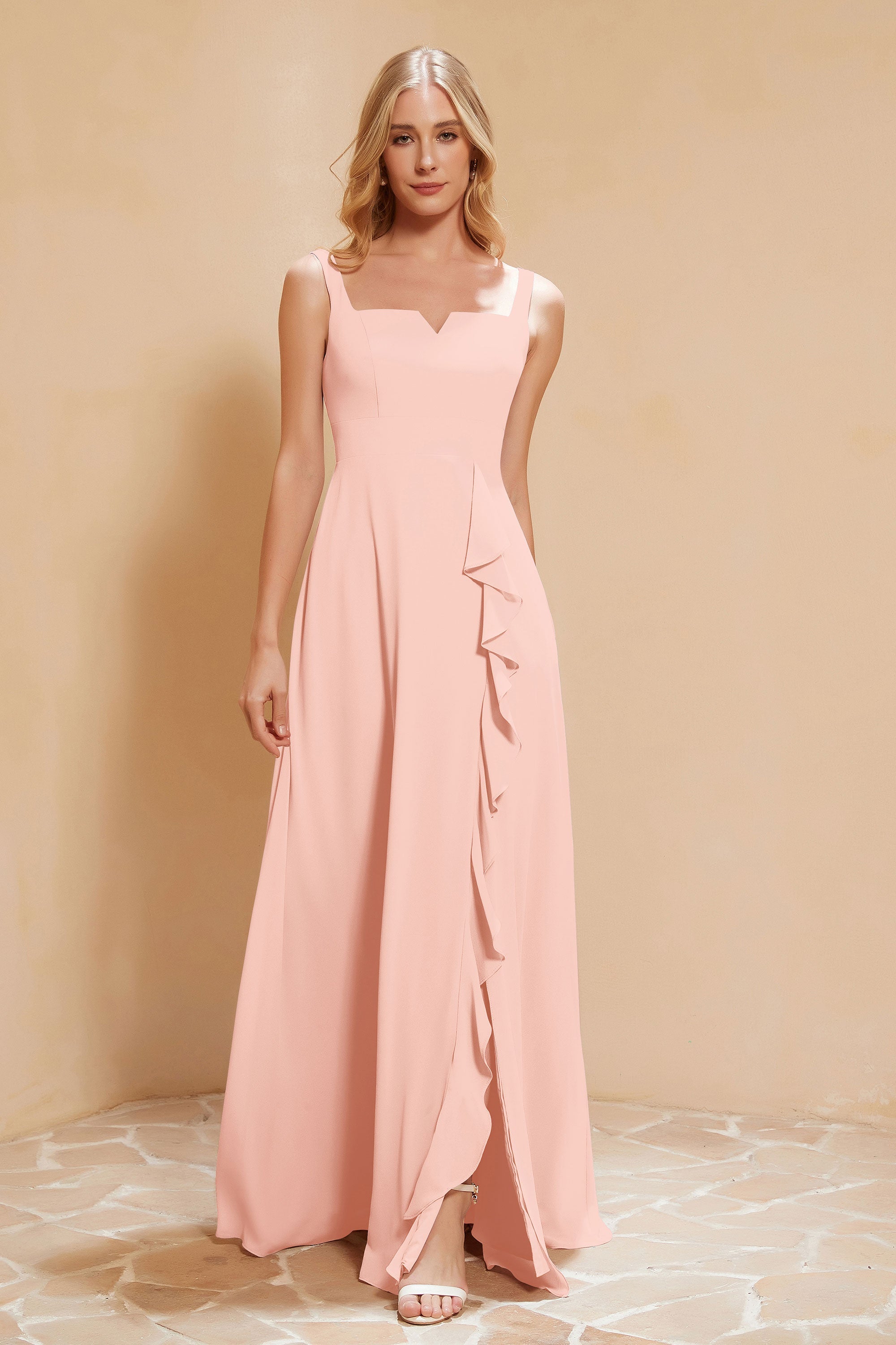 Square Chiffon Sleeveless Bridesmaid Dress Long Formal Evening Dresses with Slit