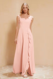 Square Chiffon Sleeveless Bridesmaid Dress Long Formal Evening Dresses with Slit