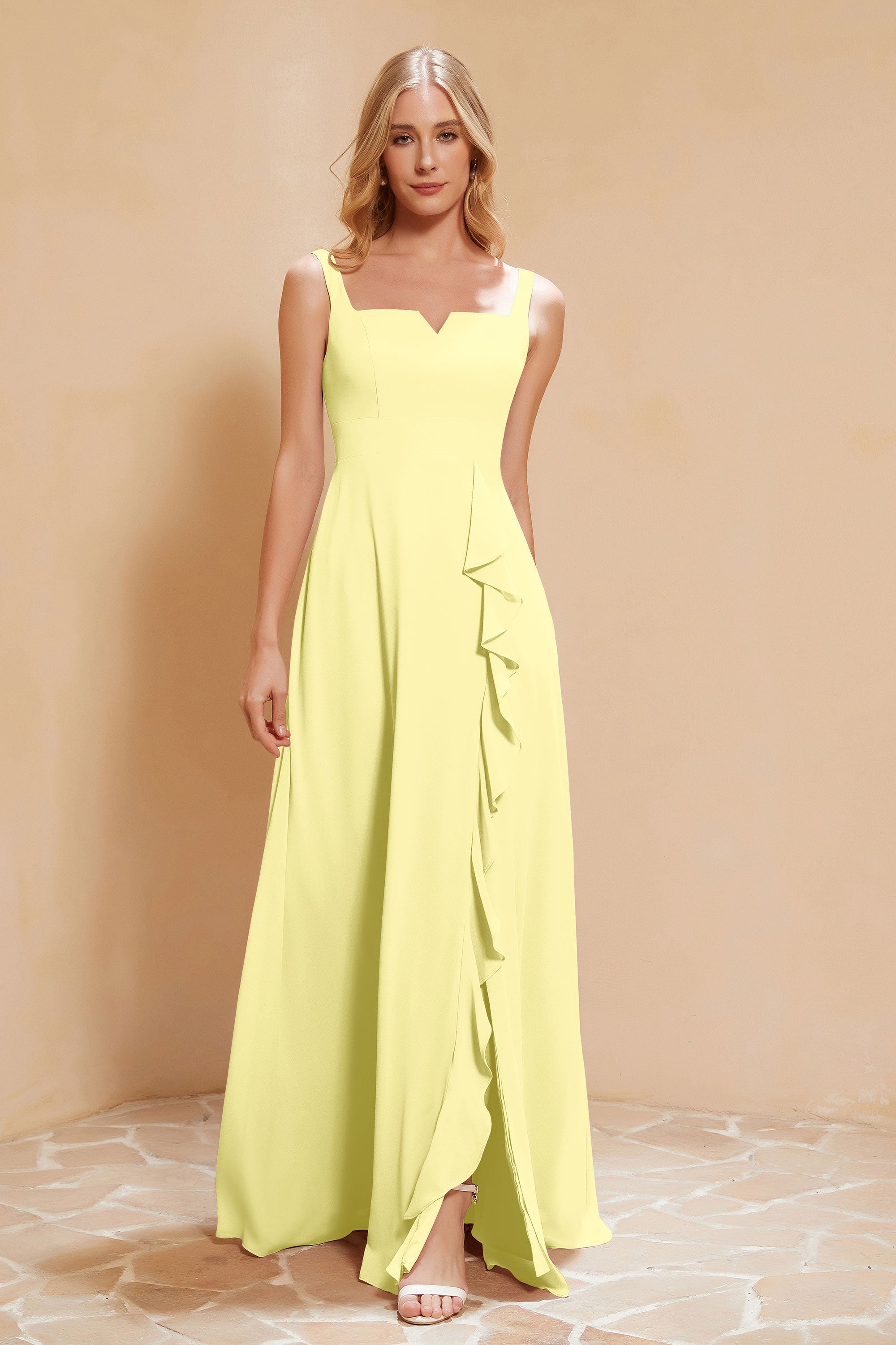 Square Chiffon Sleeveless Bridesmaid Dress Long Formal Evening Dresses with Slit