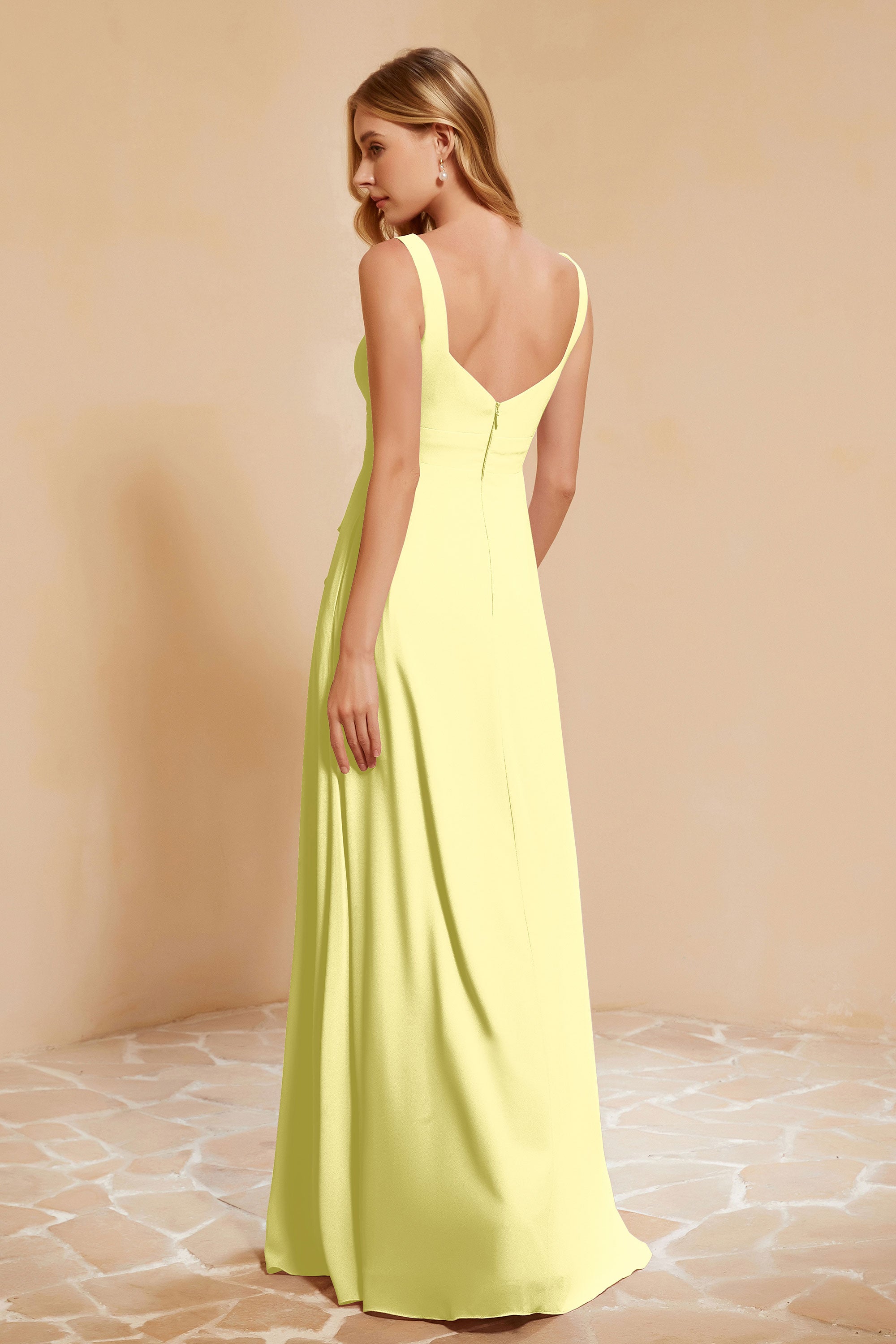 Square Chiffon Sleeveless Bridesmaid Dress Long Formal Evening Dresses with Slit