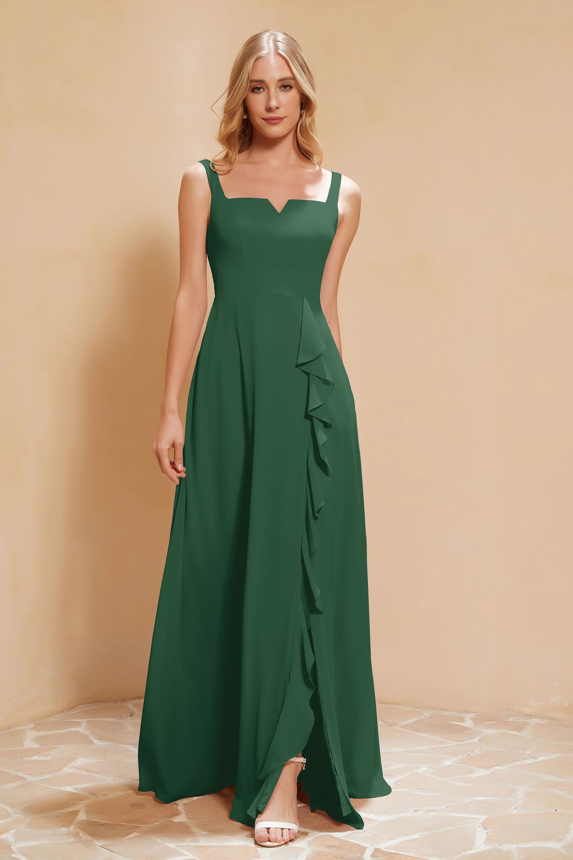 Square Chiffon Sleeveless Bridesmaid Dress Long Formal Evening Dresses with Slit