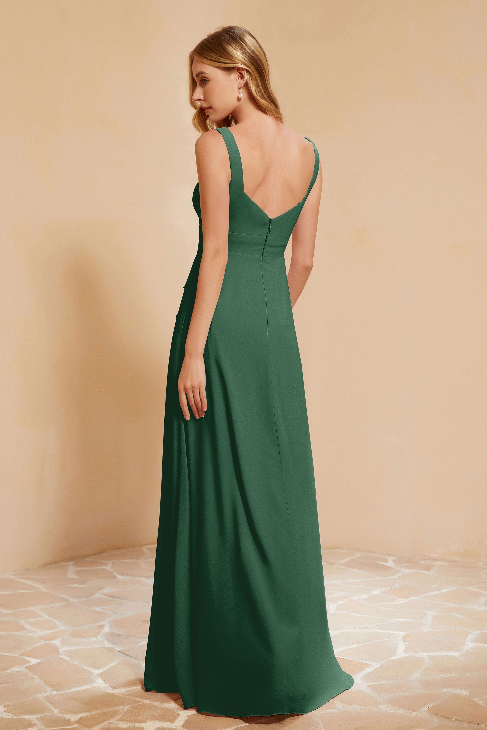 Square Chiffon Sleeveless Bridesmaid Dress Long Formal Evening Dresses with Slit