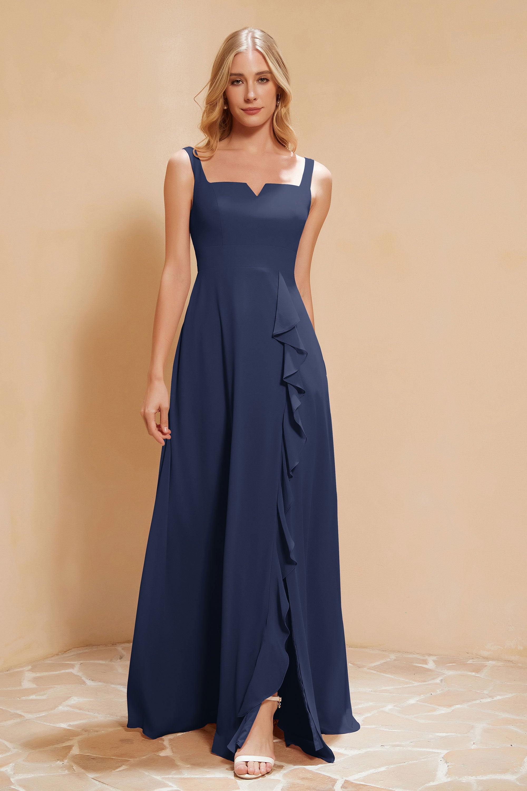 Square Chiffon Sleeveless Bridesmaid Dress Long Formal Evening Dresses with Slit