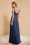 Square Chiffon Sleeveless Bridesmaid Dress Long Formal Evening Dresses with Slit