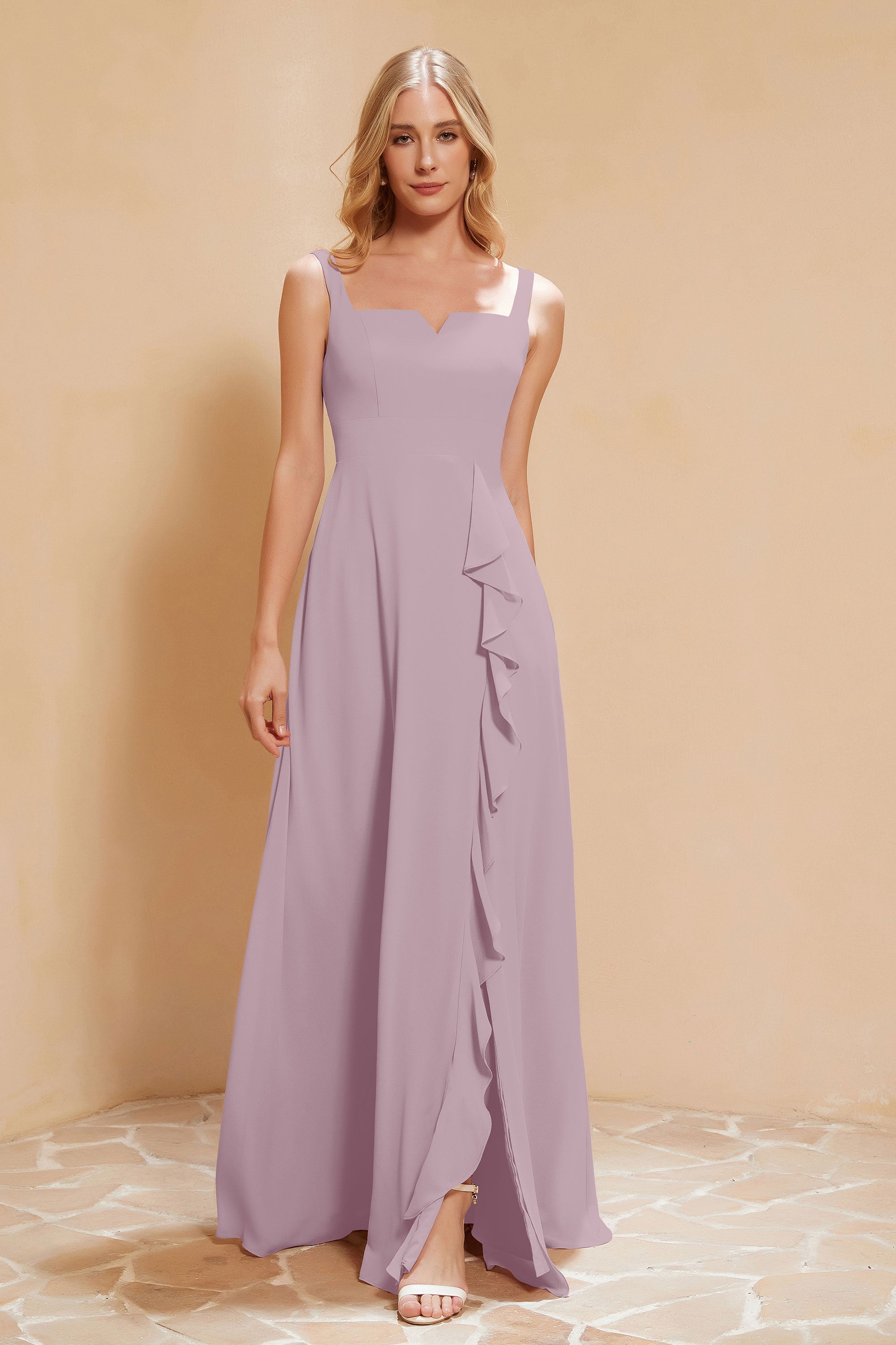 Square Chiffon Sleeveless Bridesmaid Dress Long Formal Evening Dresses with Slit