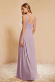Square Chiffon Sleeveless Bridesmaid Dress Long Formal Evening Dresses with Slit