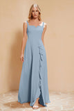 Square Chiffon Sleeveless Bridesmaid Dress Long Formal Evening Dresses with Slit