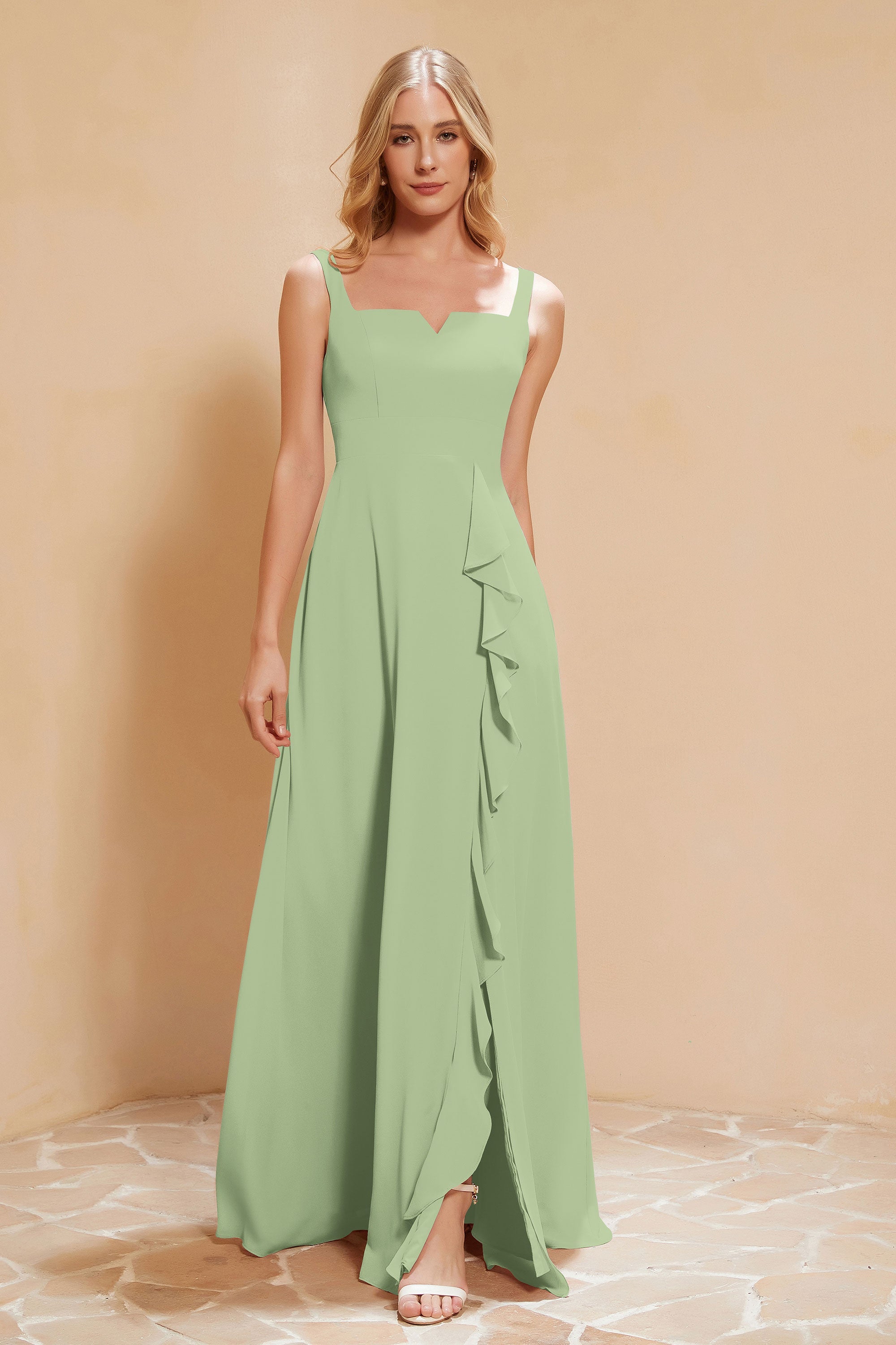 Square Chiffon Sleeveless Bridesmaid Dress Long Formal Evening Dresses with Slit