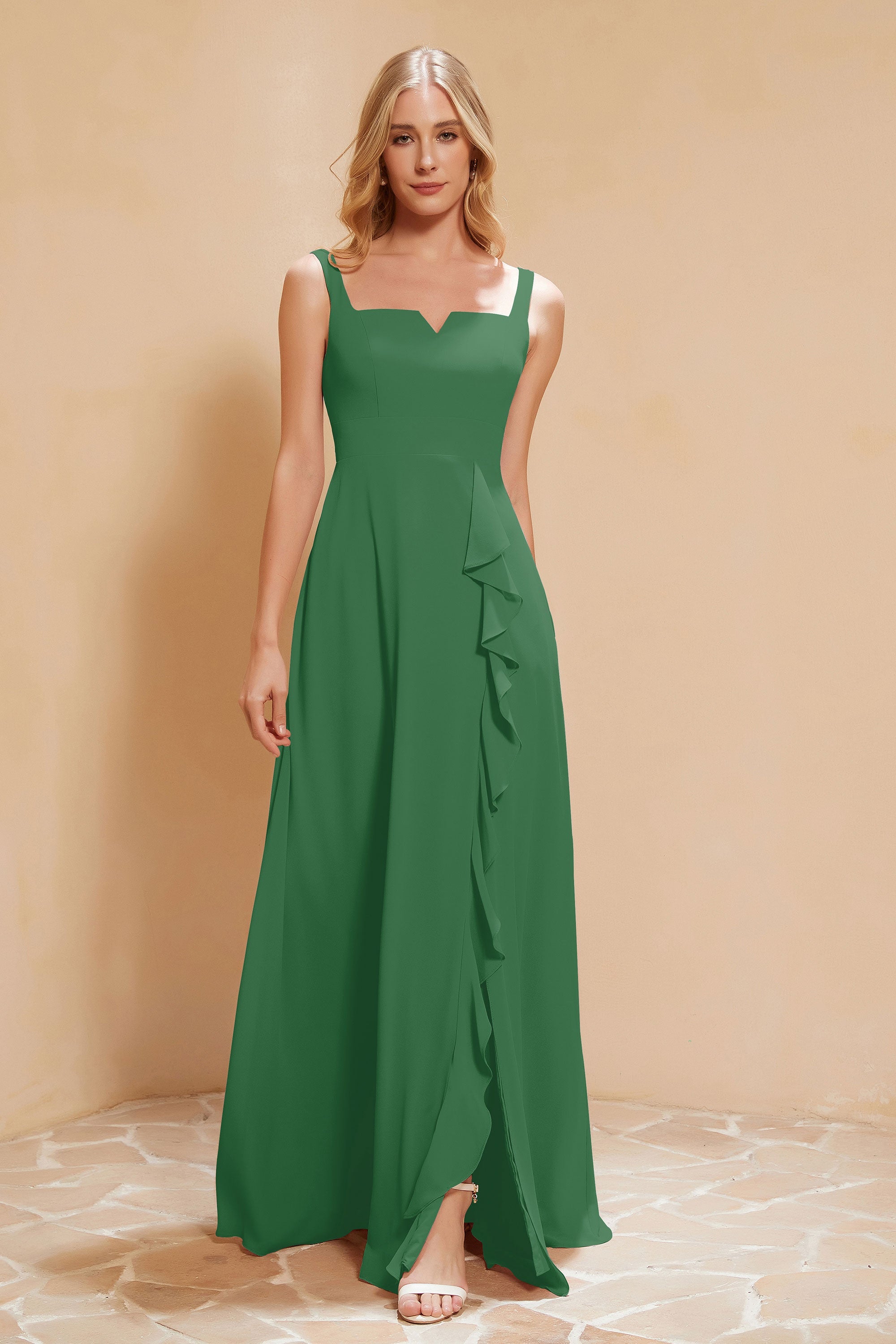 Square Chiffon Sleeveless Bridesmaid Dress Long Formal Evening Dresses with Slit