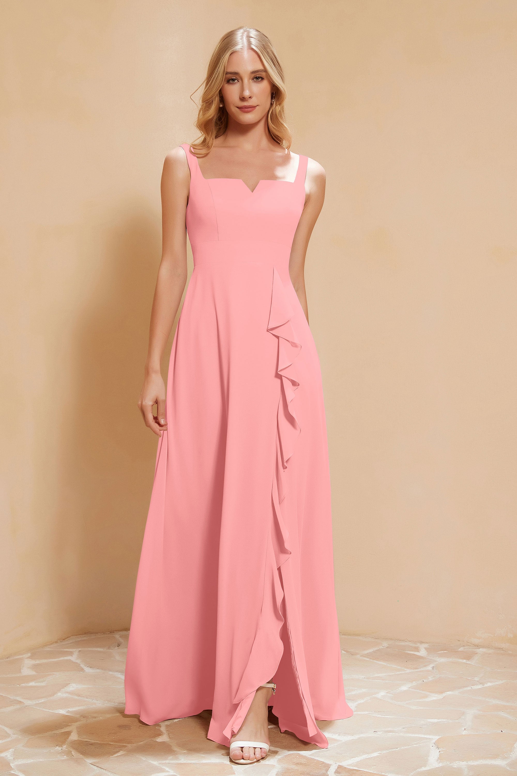 Square Chiffon Sleeveless Bridesmaid Dress Long Formal Evening Dresses with Slit