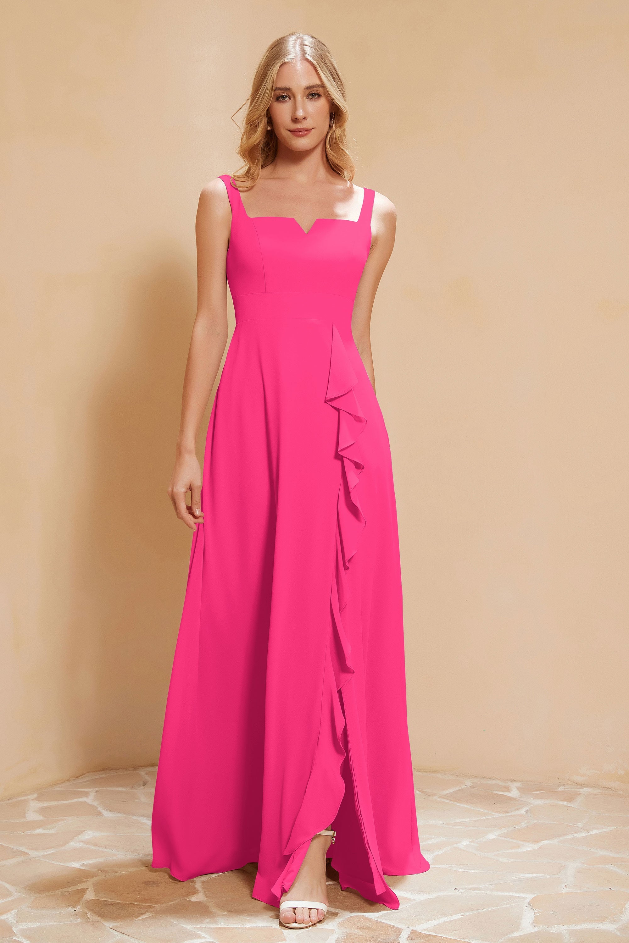 Square Chiffon Sleeveless Bridesmaid Dress Long Formal Evening Dresses with Slit