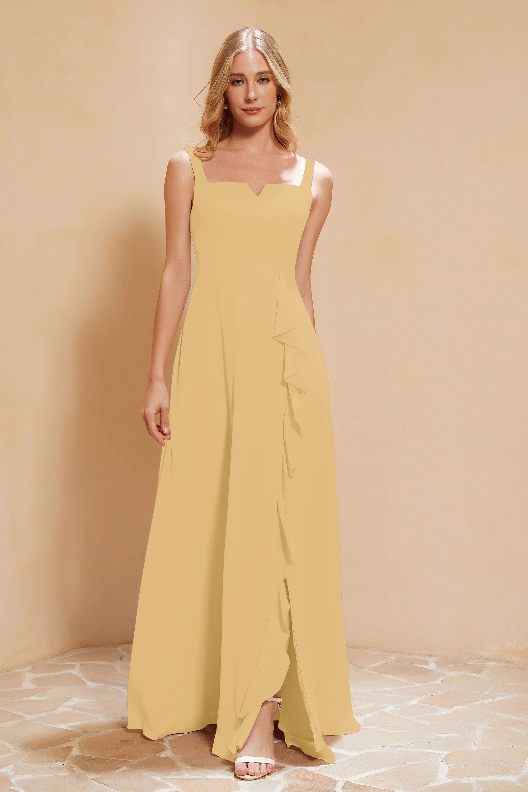 Square Chiffon Sleeveless Bridesmaid Dress Long Formal Evening Dresses with Slit