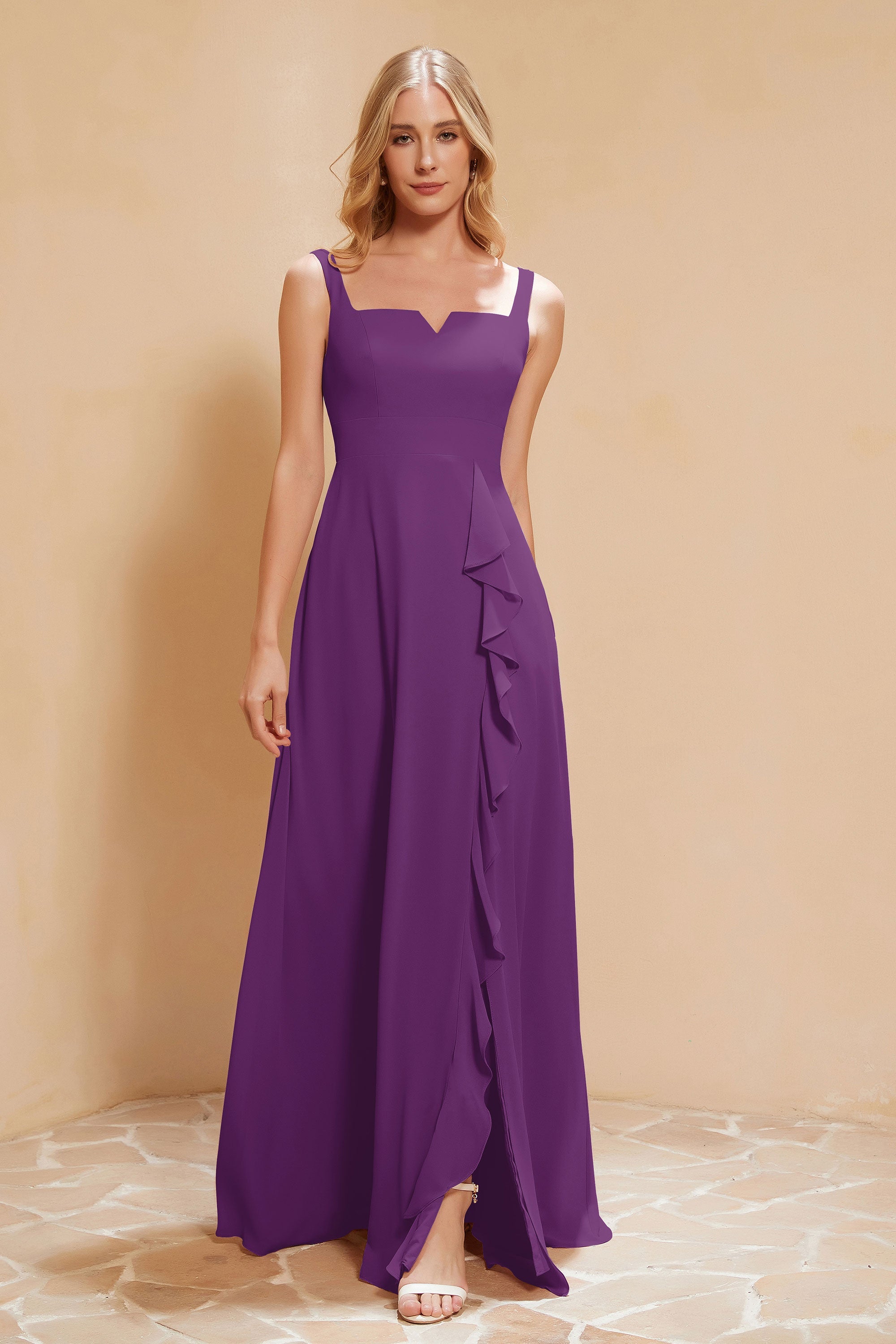 Square Chiffon Sleeveless Bridesmaid Dress Long Formal Evening Dresses with Slit