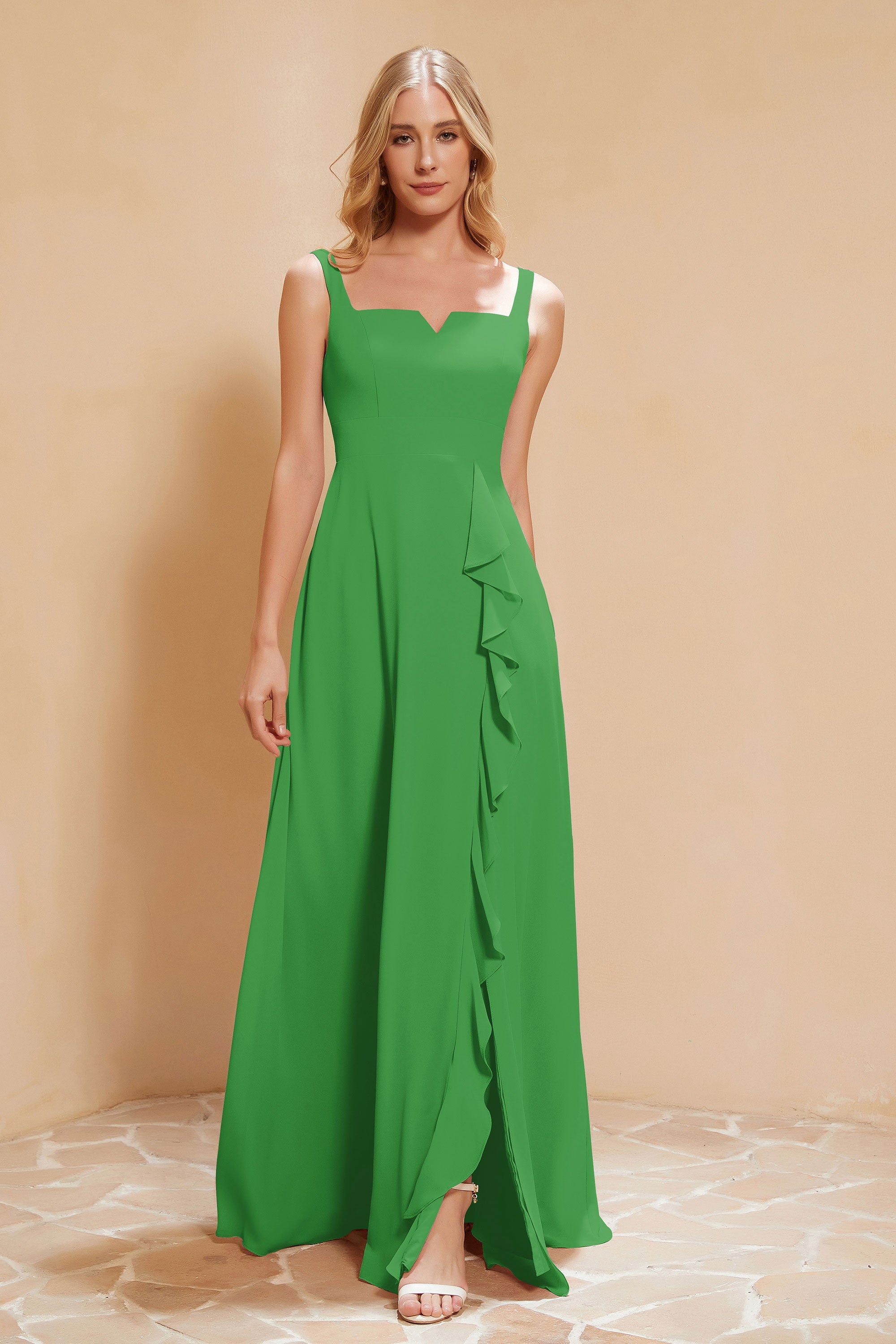 Square Chiffon Sleeveless Bridesmaid Dress Long Formal Evening Dresses with Slit