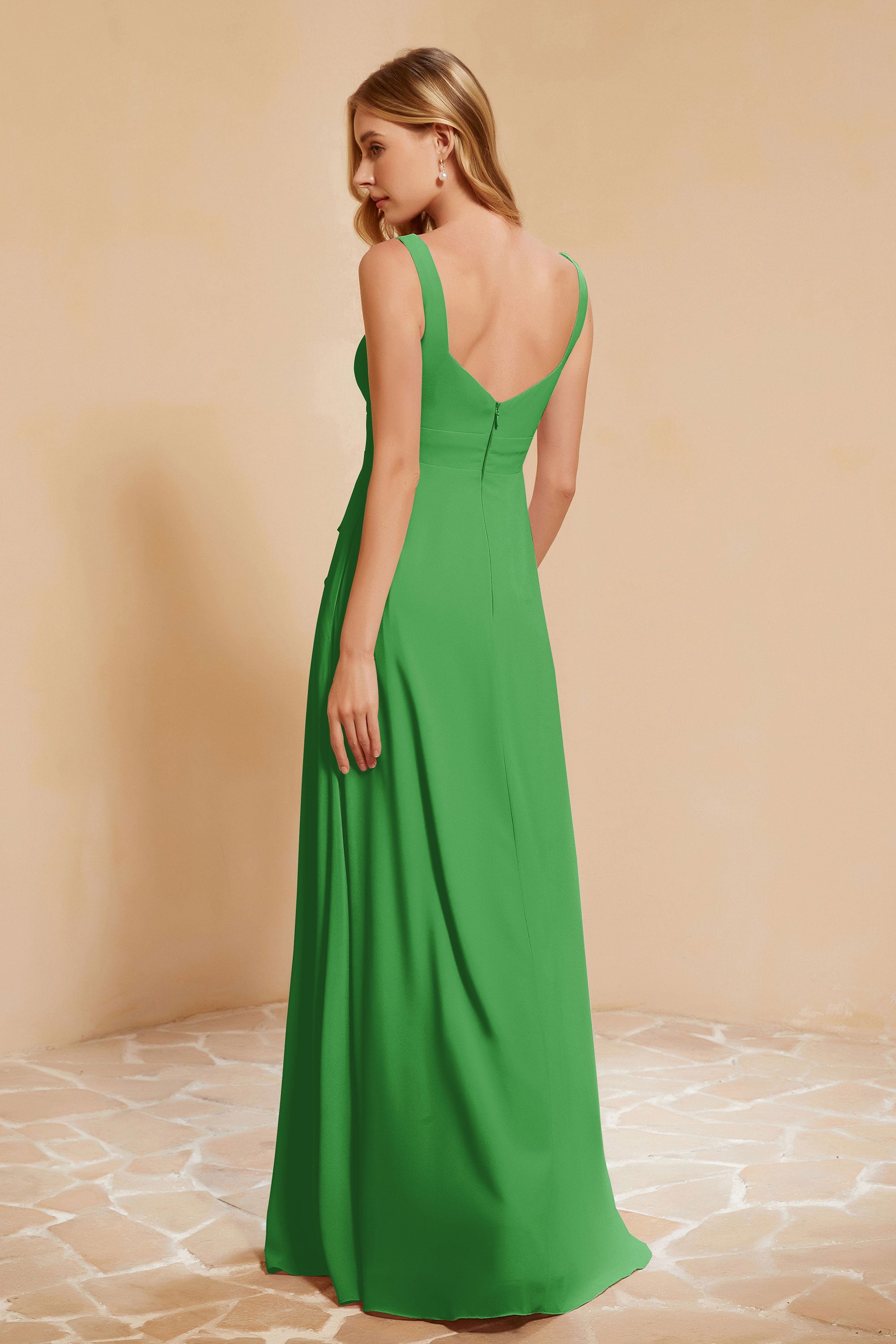Square Chiffon Sleeveless Bridesmaid Dress Long Formal Evening Dresses with Slit