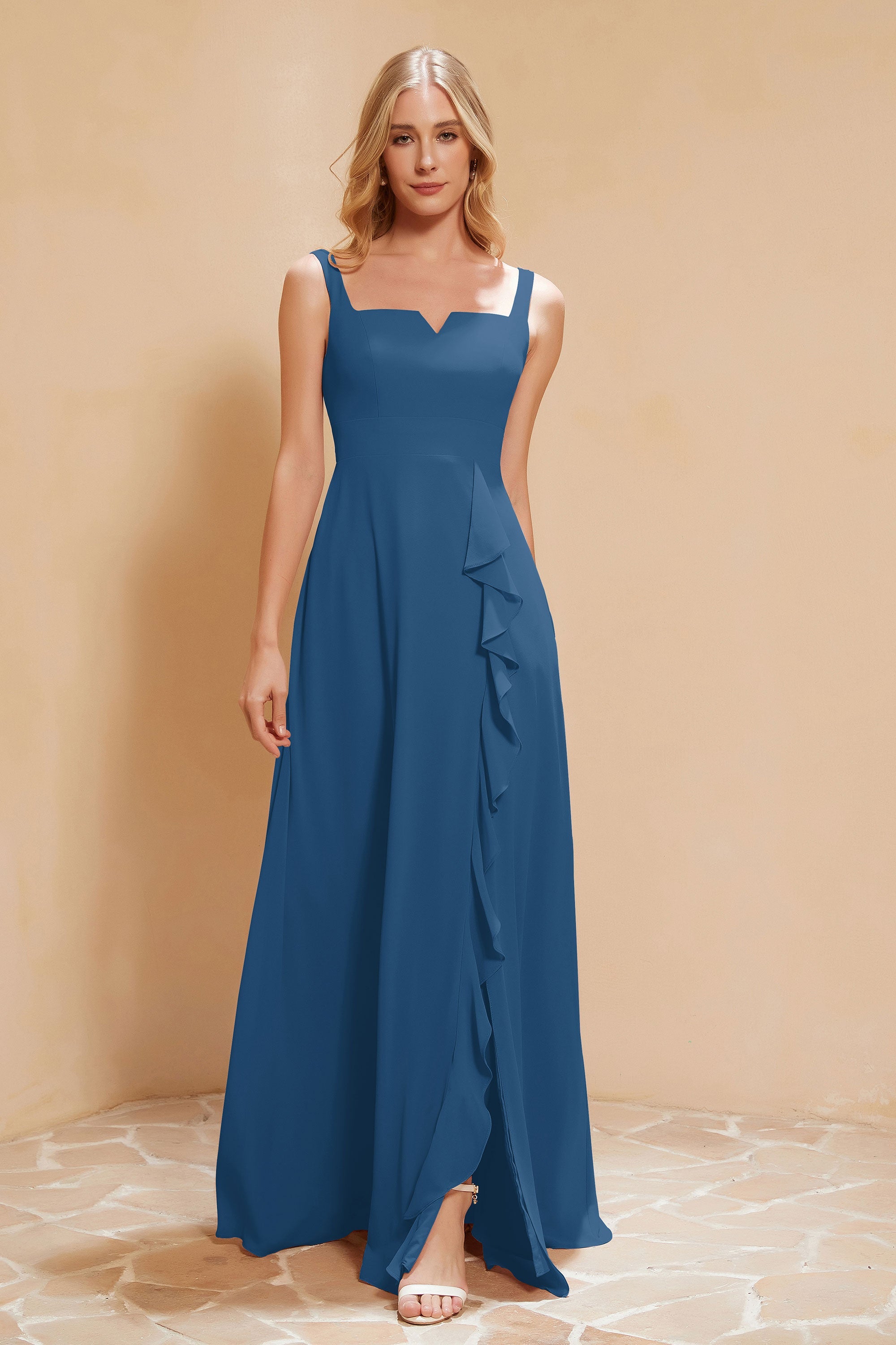 Square Chiffon Sleeveless Bridesmaid Dress Long Formal Evening Dresses with Slit