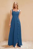 Square Chiffon Sleeveless Bridesmaid Dress Long Formal Evening Dresses with Slit