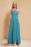 Square Chiffon Sleeveless Bridesmaid Dress Long Formal Evening Dresses with Slit