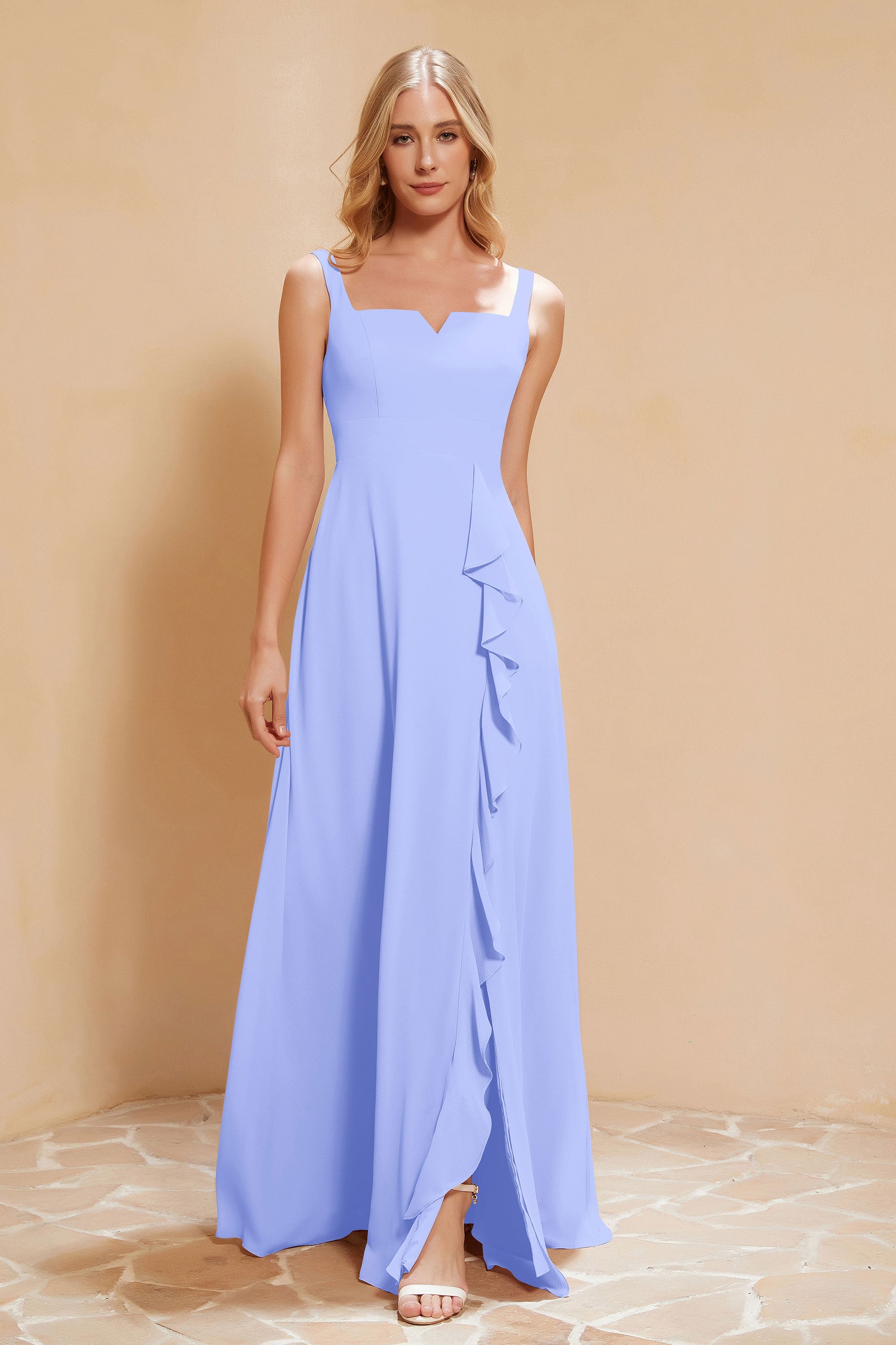 Square Chiffon Sleeveless Bridesmaid Dress Long Formal Evening Dresses with Slit