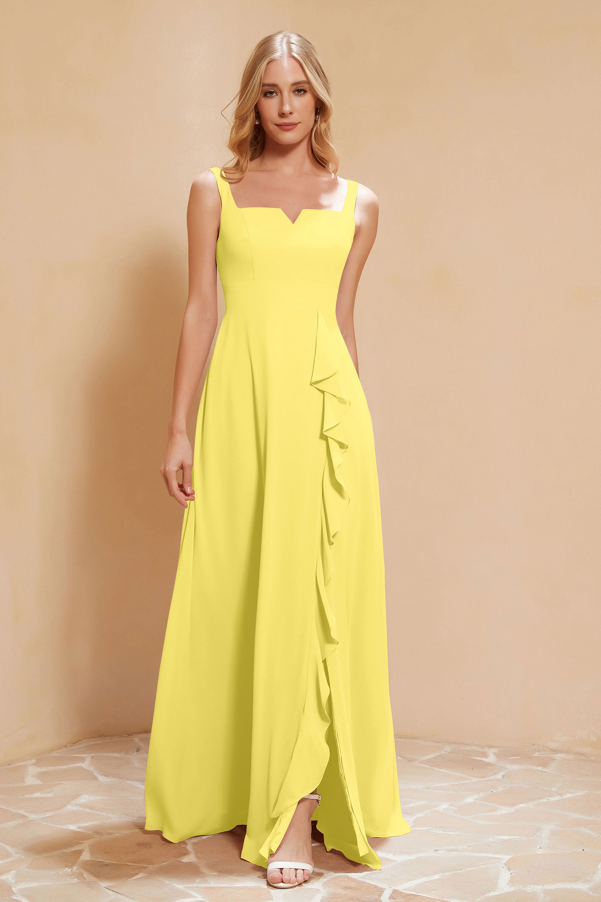 Square Chiffon Sleeveless Bridesmaid Dress Long Formal Evening Dresses with Slit