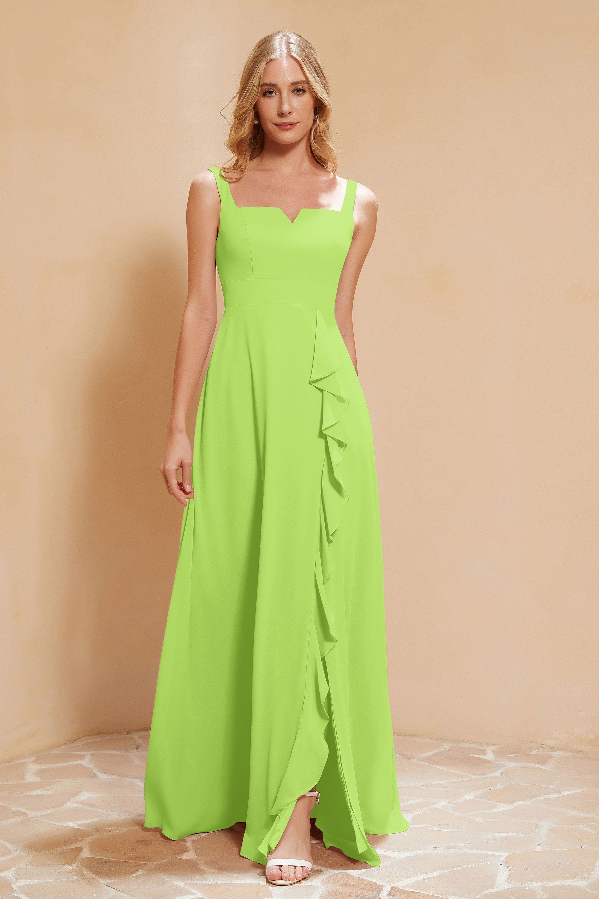 Square Chiffon Sleeveless Bridesmaid Dress Long Formal Evening Dresses with Slit