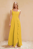 Square Chiffon Sleeveless Bridesmaid Dress Long Formal Evening Dresses with Slit
