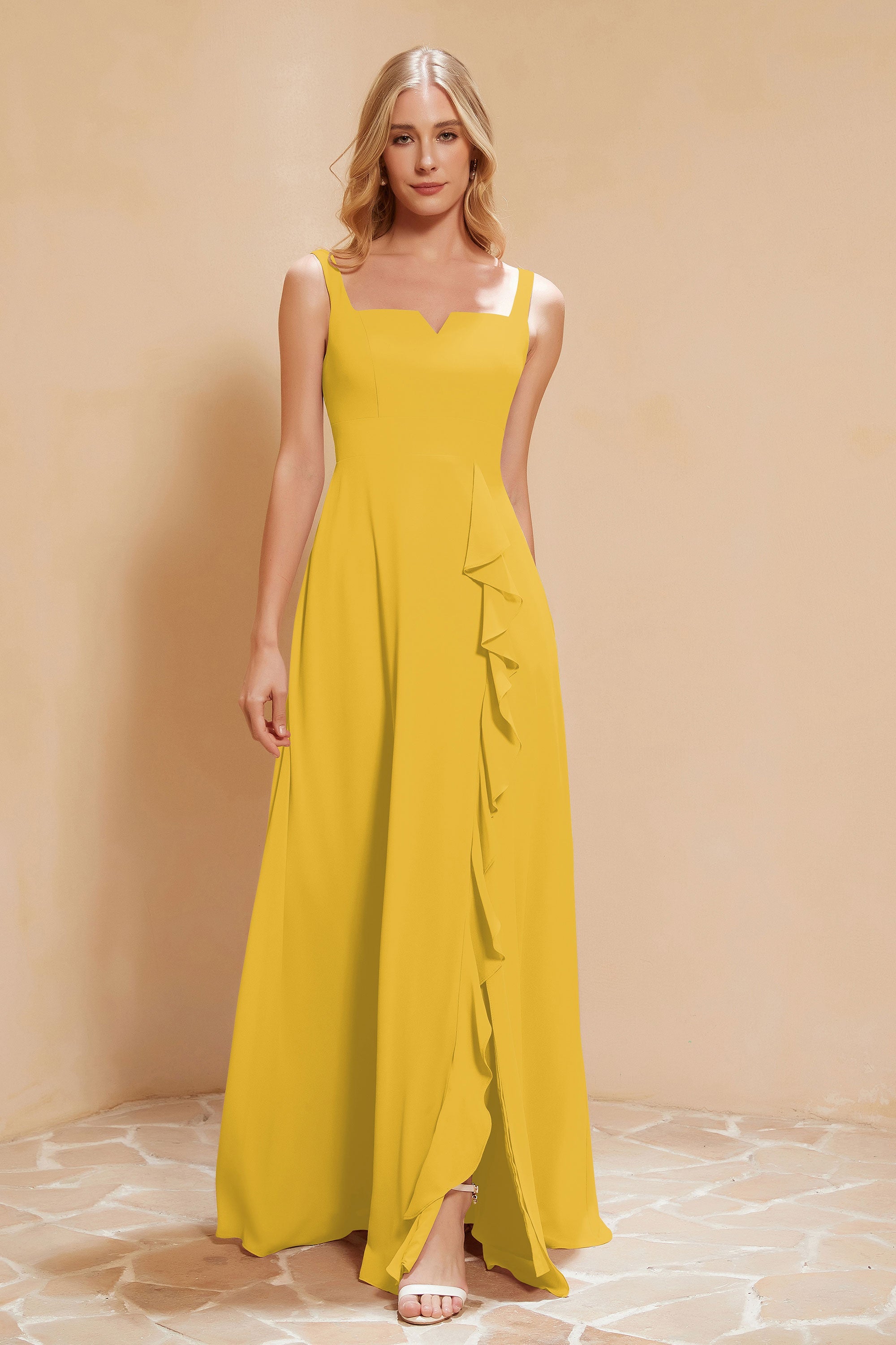Square Chiffon Sleeveless Bridesmaid Dress Long Formal Evening Dresses with Slit
