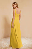 Square Chiffon Sleeveless Bridesmaid Dress Long Formal Evening Dresses with Slit