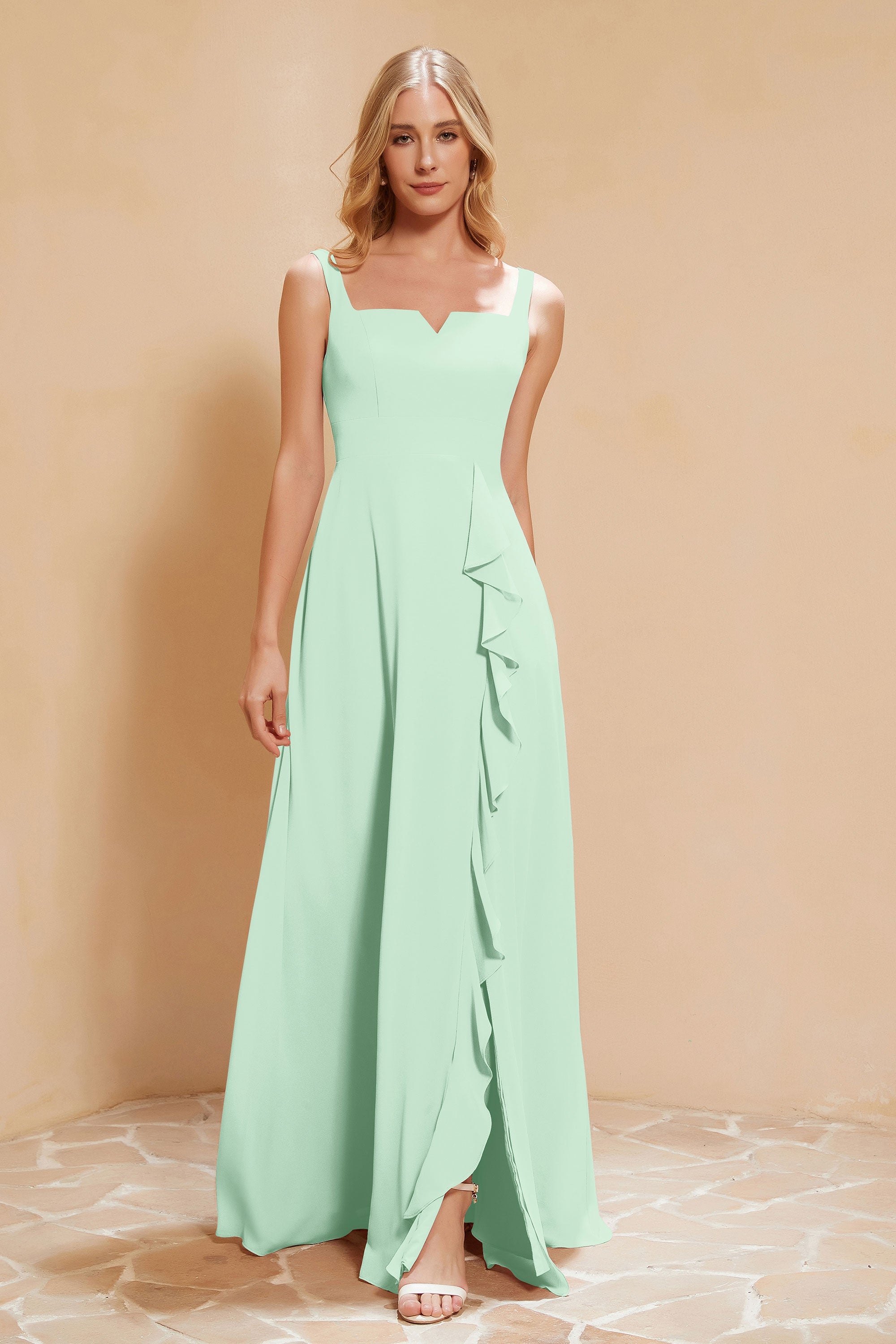 Square Chiffon Sleeveless Bridesmaid Dress Long Formal Evening Dresses with Slit