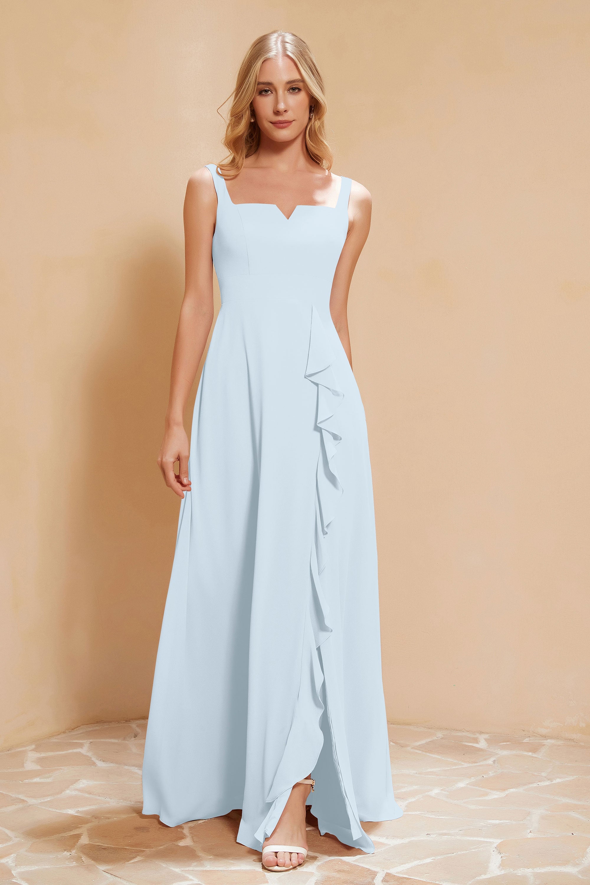 Square Chiffon Sleeveless Bridesmaid Dress Long Formal Evening Dresses with Slit