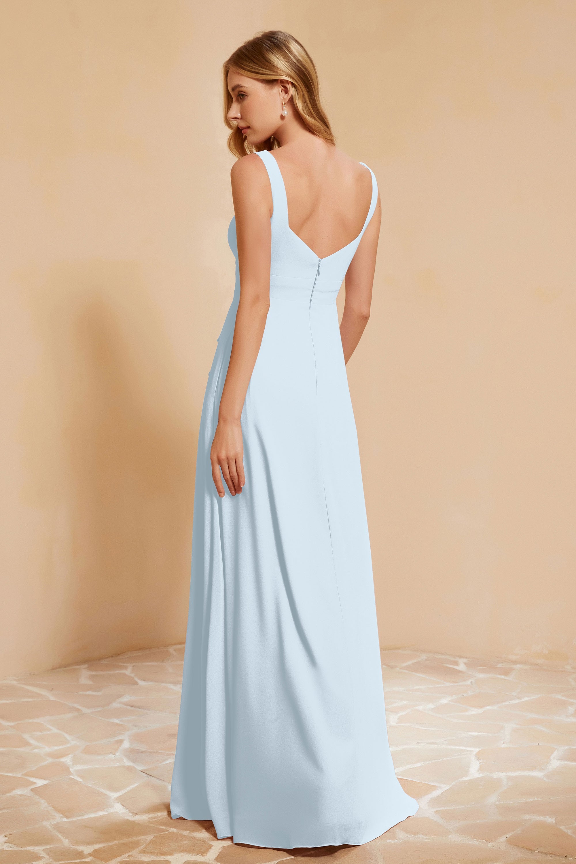 Square Chiffon Sleeveless Bridesmaid Dress Long Formal Evening Dresses with Slit