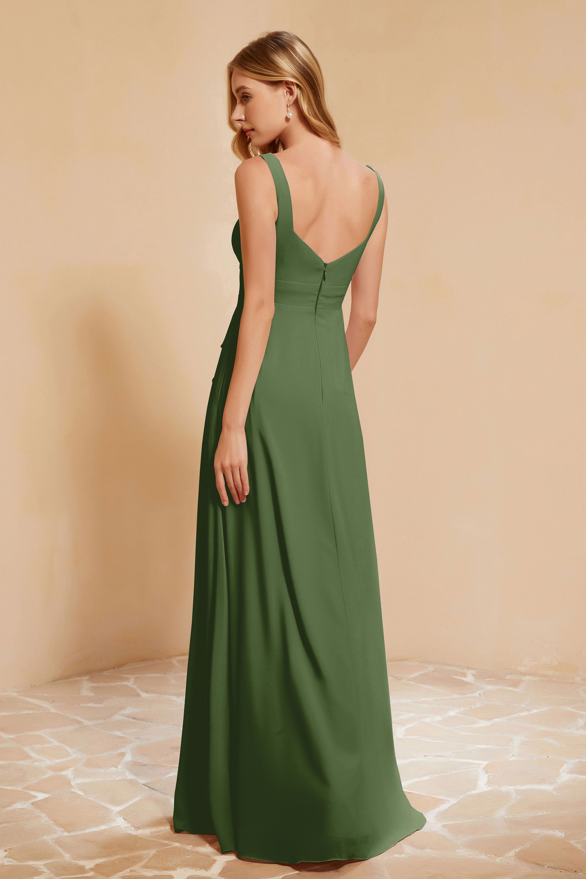 Square Chiffon Sleeveless Bridesmaid Dress Long Formal Evening Dresses with Slit
