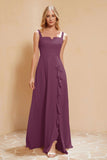 Square Chiffon Sleeveless Bridesmaid Dress Long Formal Evening Dresses with Slit