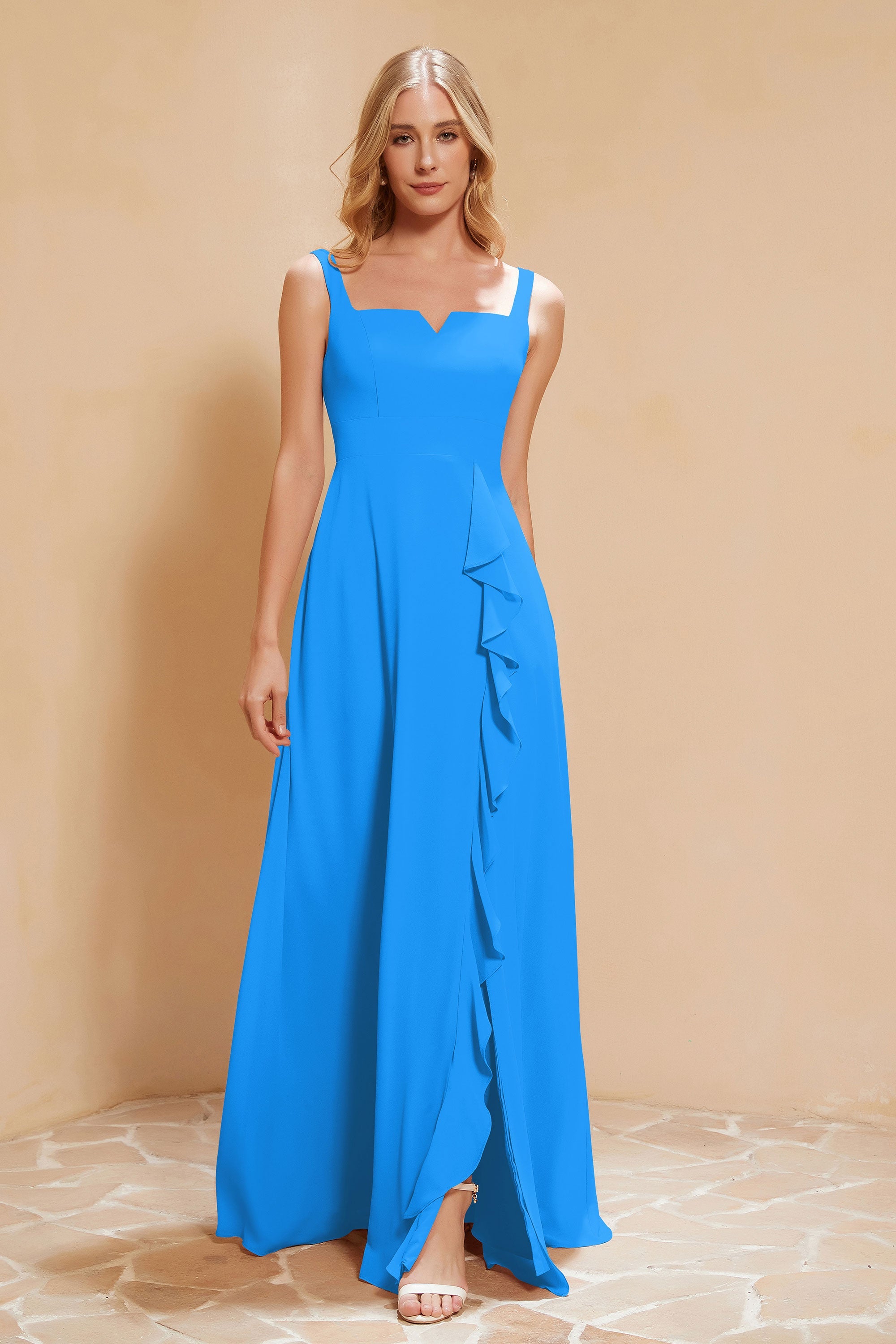 Square Chiffon Sleeveless Bridesmaid Dress Long Formal Evening Dresses with Slit