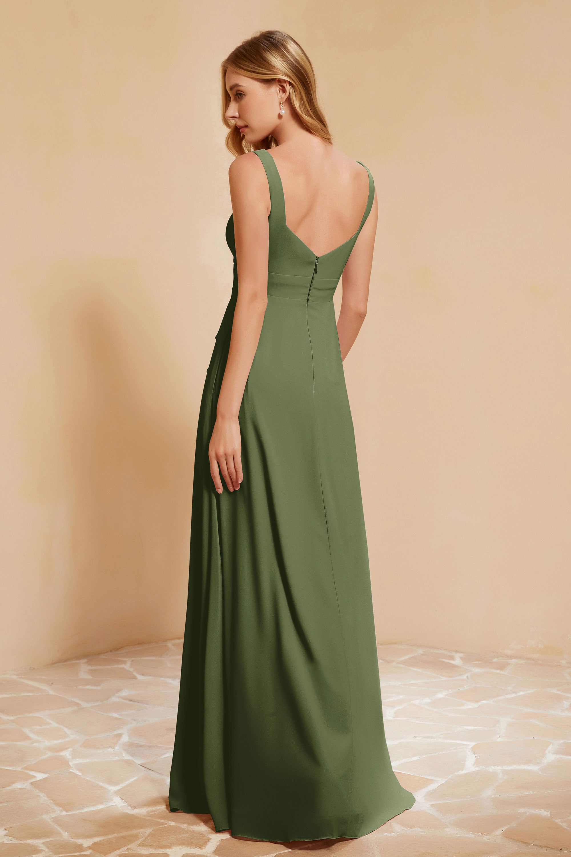 Square Chiffon Sleeveless Bridesmaid Dress Long Formal Evening Dresses with Slit