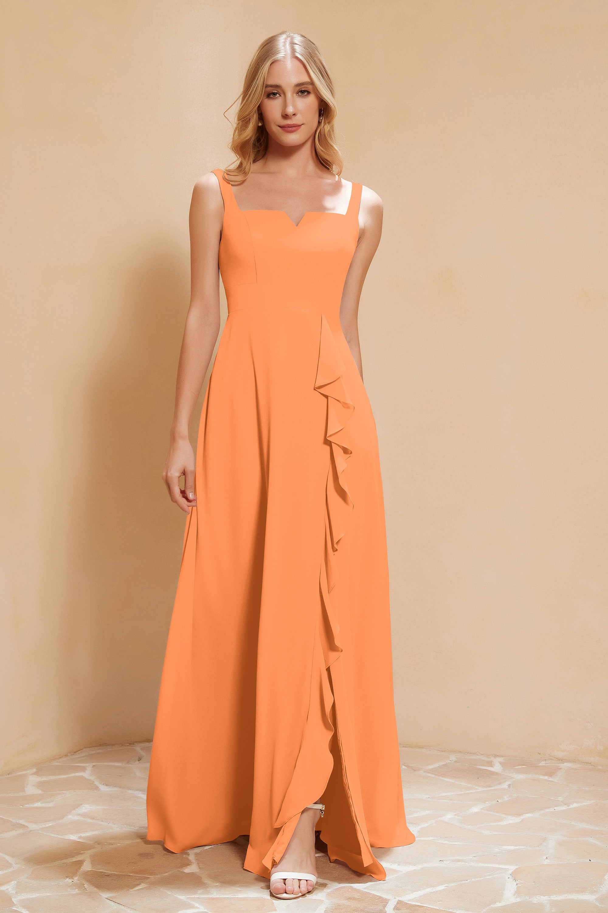 Square Chiffon Sleeveless Bridesmaid Dress Long Formal Evening Dresses with Slit