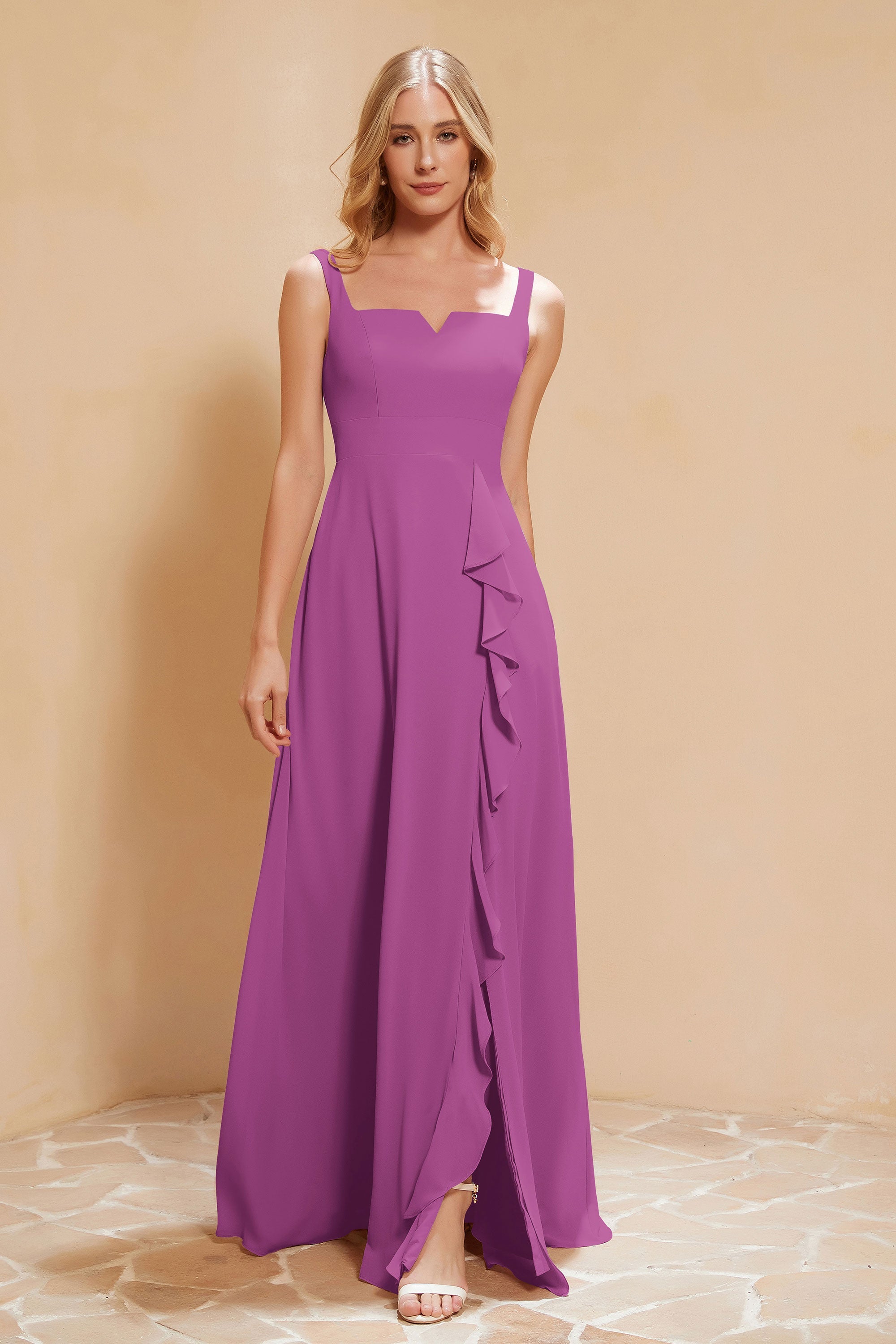 Square Chiffon Sleeveless Bridesmaid Dress Long Formal Evening Dresses with Slit