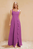 Square Chiffon Sleeveless Bridesmaid Dress Long Formal Evening Dresses with Slit