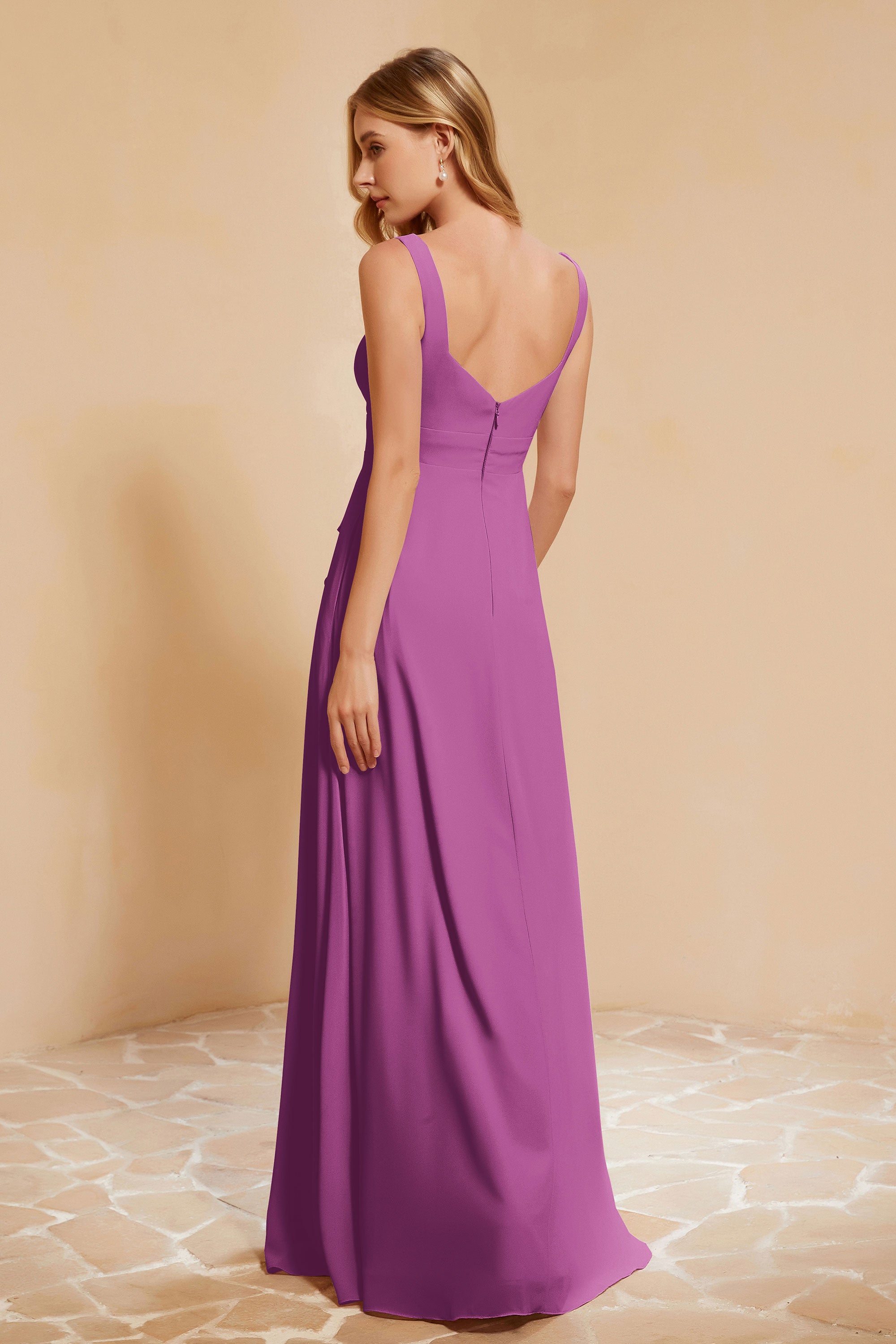 Square Chiffon Sleeveless Bridesmaid Dress Long Formal Evening Dresses with Slit