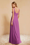 Square Chiffon Sleeveless Bridesmaid Dress Long Formal Evening Dresses with Slit
