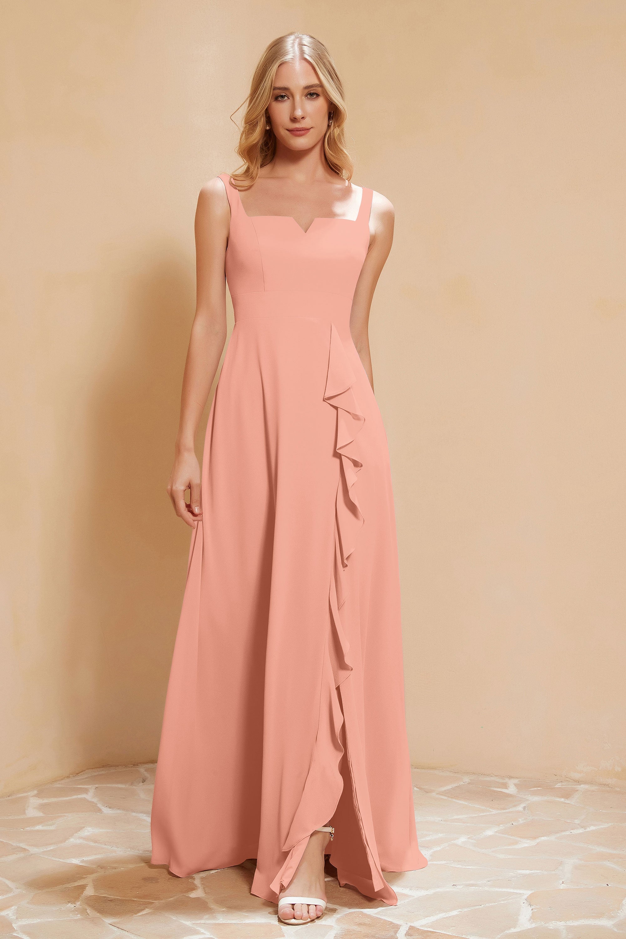 Square Chiffon Sleeveless Bridesmaid Dress Long Formal Evening Dresses with Slit