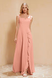 Square Chiffon Sleeveless Bridesmaid Dress Long Formal Evening Dresses with Slit